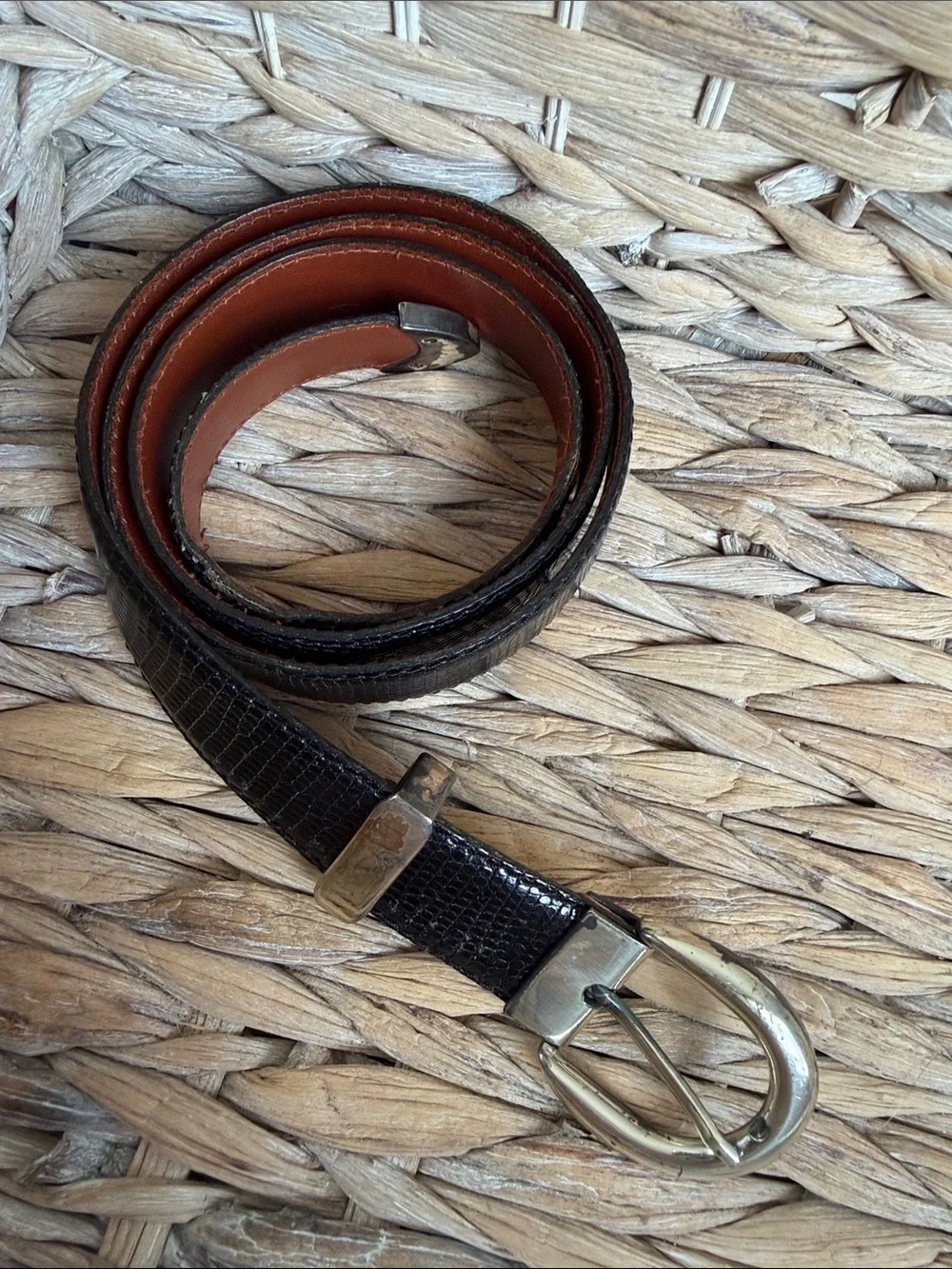 Men's Black Textured Genuine Lizard Belt with Silver Buckle